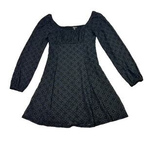 Lily Rose Black Dress Gold Accents Sheer Overlay Long Sleeve Square Neck Flare